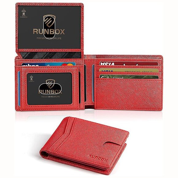 Wallet for Men Slim Rfid Leather 2 ID Window With Gift Box A pure red